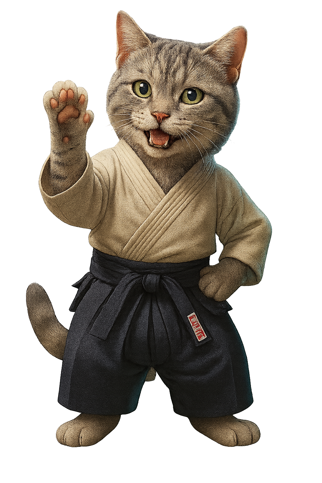 Gato gris saludando con keikogi y hakama